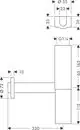 Schematische Darstellung eines Abflussrohrs mit Maßen und Anschlussdetails, gestaltet von Hansgrohe. Produktdetails sind im technischen Layout angegeben.